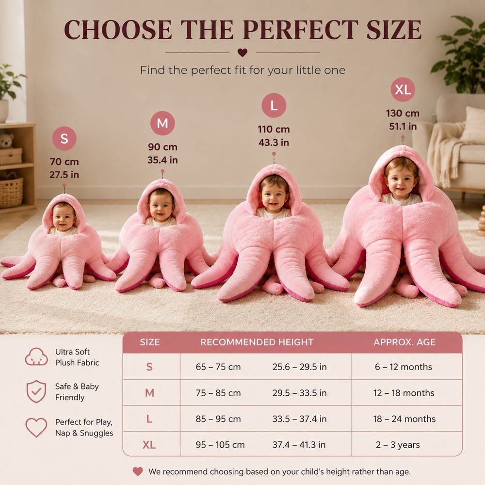 CozyOcto size guide: S 70 cm, M 90 cm, L 110 cm, XL 130 cm